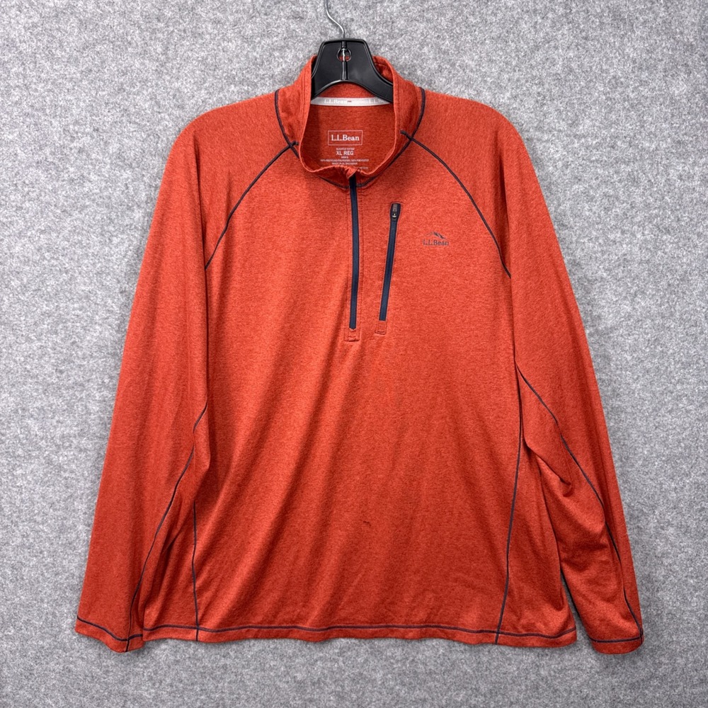 LL Bean Men 1/4 Zip Pullover XL Reg Orange Heather Polyester Chest Pocket Shirt